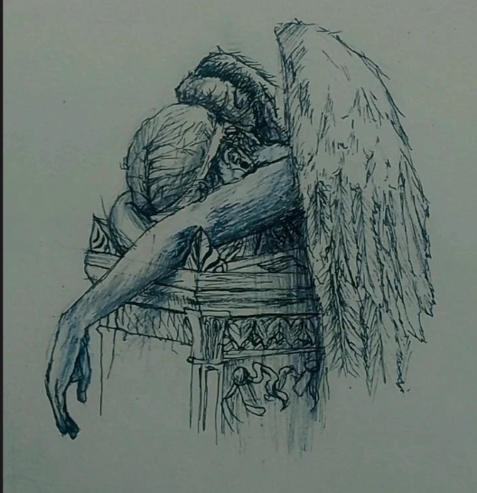 Fallen angel — ink drawing of a winged figure resting on a pedestal