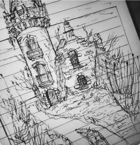 Ruined castle — ink drawing of a crumbling tower and arched windows
